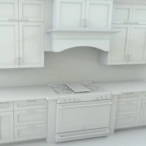 Close-up of the kitchen range Revit model showcasing cabinets and highlighting design details.