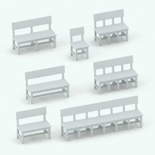 Traditional Revit Bench Family size variations to showcase its parametric flexibility.