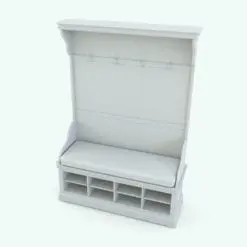Bench With Coat Rack Revit Family in 3D and rendered in black and white (ambient occlusion style) to show the shapes and details better. With tons of parameters to change, this coat rack Revit family seamlessly adapts to any project size and aesthetic. Just load it into your Revit project, load the textures and you'll be all set! Get it today and see for yourself.