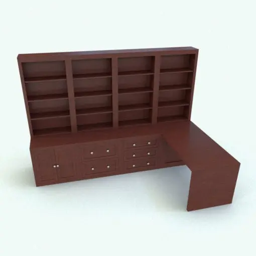 Revit Bookshelf Family With Doors-Drawers-Desk rendered in a dark colored wood finish with metallic knobs to add contrast. This family is ideal for home offices, professional offices or even hospitality settings. With parameters to change all dimensions, drawers, table and more, this Revit Bookshelf Family is a true chameleon! Get it today and see how it will make your workflow a lot faster.