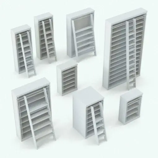 Revit Bookshelf Family With Ladder rendered in black and white (ambient occlusion style) and in different sizes and configurations to showcase its parametric flexibility. Change the dimensions of the bookshelf, the dimensions of the ladder, the visibility of the ladder and more to create completely different looks that match your design intent. Get this Revit Bookshelf Family With Ladder today and see for yourself.