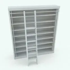 Revit Bookshelf Family With Ladder in 3D and rendered without materials (ambient occlusion style) the see the shapes better. Ideal for residential or hospitality spaces, this traditional looking bookshelf will take your 3D renderings to the next level. Don't wait any longer and add this Revit Bookshelf Family to your cart today.