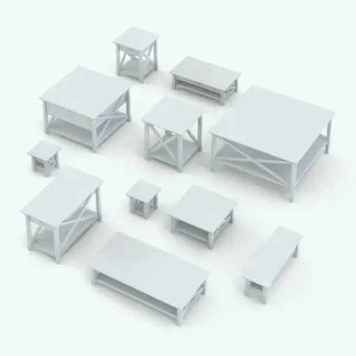 Crosses Side and Coffee Table Revit Families in 3D and rendered in black and white (ambient occlusion style). Also, they are shown here in different sizes and configurations to showcase their parametric flexibility. Ideal for modern and contemporary interior design projects, this side table and coffee table Revit families will make your renders stand out and feel livable and finished. Get them today and be part of the Blackbee3D family.