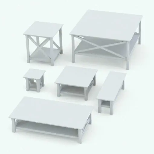 Revit coffee table family rendered in black and white (ambient occlusion style) and in different sizes and configurations to showcase its parametric versatility. These two families are also render ready! Just load them into your Revit project, load the provided textures (or use your own) and hit the render button for instant results! Get this Crosses Side and Coffee Table Revit Families set today and see for yourself.