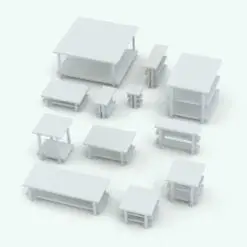 Minimalistic Living Room Revit Tables Set rendered in black and white (ambient occlusion style) and shown in different sizes and configurations to showcase their parametric flexibility. Ideal for living rooms, hotels, offices, schools and more, these side and coffee table Revit families will make your 3D renderings stand out in just a few clicks. Get this Minimalistic Living Room Revit Tables Set today and see for yourself.