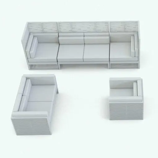 Slats Outdoor Furniture Revit Set in 3D and rendered in black and white (ambient occlusion style). Fully parametric and ready to render, this family will make your exterior spaces look expensive and modern. Ideal for residential, commercial or hospitality projects, this outdoor Revit furniture set will elevate your 3D renderings in just a few clicks.
