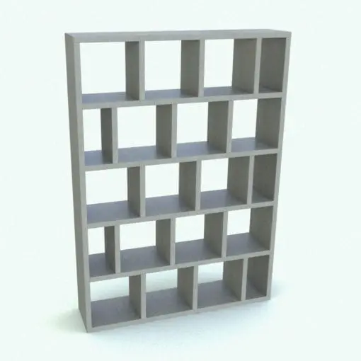 Staggered Vertical Divisions Revit Bookshelf Family rendered in a gray colored wood finish. This family is fully parametric and it allows you to create any configuration you need using the provided parameters so you can seamlessly integrate it to your Revit project. Don't wait any longer and add this Revit Bookshelf Family to your cart today