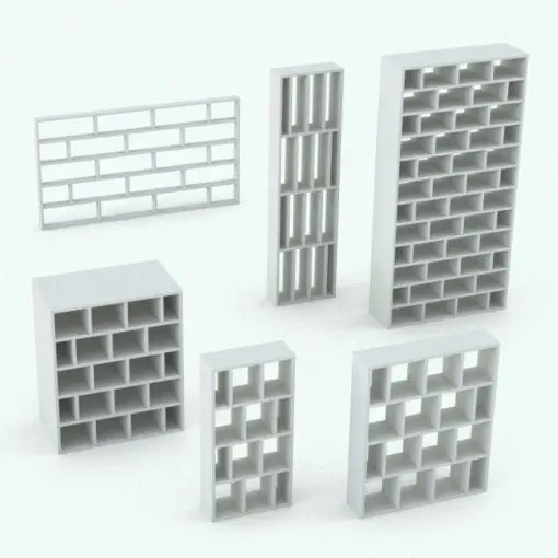 Staggered Vertical Divisions Revit Bookshelf Family in different sizes and configurations and rendered in black and white (ambient occlusion style). Ideal for residential, office, hospitality or even commercial settings, this bookshelf Revit family will make your spaces stand out in just a few clicks. Get it today and experience the high-quality and flexibility of our Revit families.