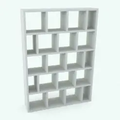 Staggered Vertical Divisions Revit Bookshelf Family rendered in 3D and without any materials to see the shapes better. Ideal for living rooms, kids rooms, offices, schools, libraries and more, this fully parametric Revit bookshelf family will seamlessly adapt to your space requirements. Get it now and see for yourself.