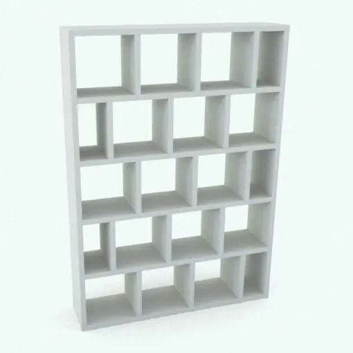 Staggered Vertical Divisions Revit Bookshelf Family rendered in 3D and without any materials to see the shapes better. Ideal for living rooms, kids rooms, offices, schools, libraries and more, this fully parametric Revit bookshelf family will seamlessly adapt to your space requirements. Get it now and see for yourself.