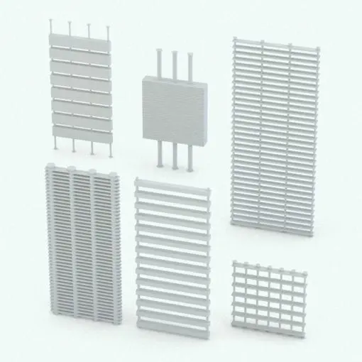 Wood Slats Partition Wall Revit Family in different sizes and configurations to showcase its parametric versatility. Use the provided materials (seen on the main image of this product) or substitute them with your own to create a more unique look. Ideal for open concept spaces, this Wood Slats Partition Wall Revit Family will bring charm and coziness to your 3D renderings.