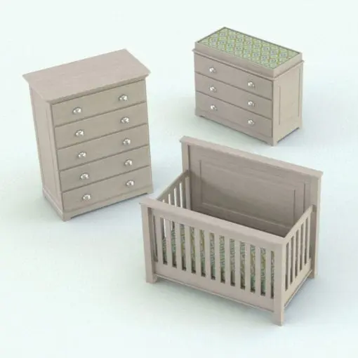 Elegant Crib and Revit Furniture Set rendered in a light colored wood and a green patterned fabric texture. Ideal for nurseries, schools or day care facilities, this full parametric Revit furniture set will transform your projects in just a few clicks. Don't wait any longer and add this Revit crib, along with its matching Revit furniture families today.
