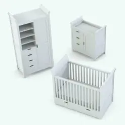 Minimalistic Nursery Revit Furniture Set rendered in 3D and without any materials (ambient occlusion style) to showcase the shapes better. This Revit furniture set is ideal for kids rooms, day care facilities and more. The armoire can even be used in regular rooms in residential projects. Don't let this opportunity go by and add this Minimalistic Nursery Revit Furniture Set to your assets today.