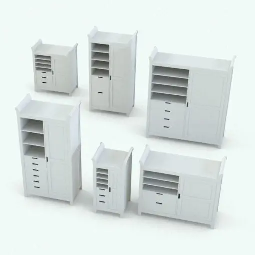 Revit armoire in different sizes and configurations to showcase its parametric flexibility. Ideal for kids rooms, adults rooms, hotels and more, this highly-detailed Revit furniture family will take your renders to the next level.
