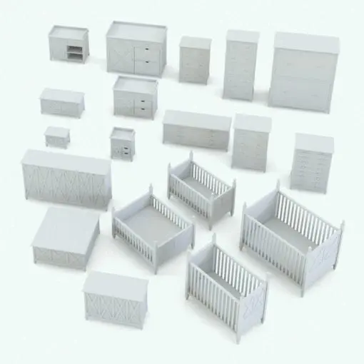 X-Shapes Nursery Revit Furniture Set shown in different sizes and configurations to showcase its parametric flexibility. Whether you use them individually or in tandem, these Revit families will transform your spaces in just a few clicks. Additionally, the chest of drawers and the toy trunk can be used in other spaces in your projects. Get this X-Shapes Nursery Revit Furniture Set today and become part of the Blackbee3D family.