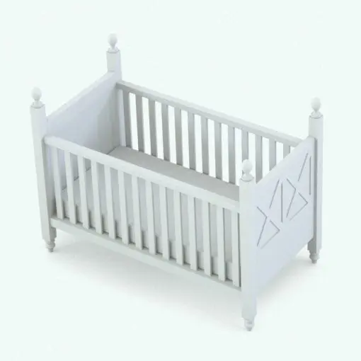 Crib Revit furniture family in 3D and rendered in black and white (ambient occlusion style). The X-shape design makes this family look modern, yet rustic, which aligns to many design languages. Get this 4-piece X-Shapes Nursery Revit Furniture Set today and elevate your projects and 3D renderings to new heights today.