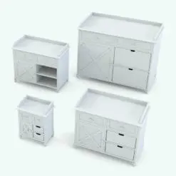 Changing station Revit furniture family in 3D and rendered without any materials. In this image, the changing station is shown in different sizes and configurations to show how its parameters work. Change the overall dimensions, the materials and even the visibility of the boxes to make it your own.