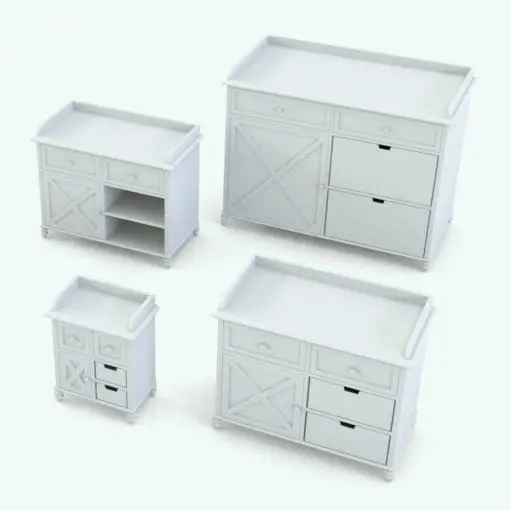 Changing station Revit furniture family in 3D and rendered without any materials. In this image, the changing station is shown in different sizes and configurations to show how its parameters work. Change the overall dimensions, the materials and even the visibility of the boxes to make it your own.