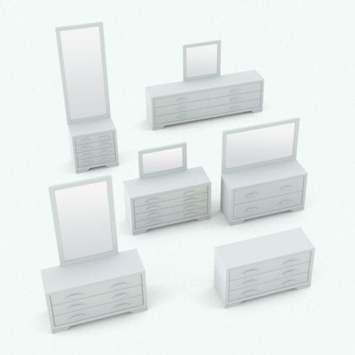Revit Family / 3D Model - Rectangular Handles Bed Set Dresser Variations