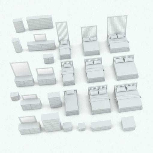 Revit Family / 3D Model - Solid Wood Circular Knobs Bed Set Variations